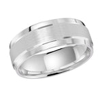 Load image into Gallery viewer, This elegant 8mm white gold wedding ring has a elevated satin finish center with slanted high polish edges. The ring is finished off with flat high polish edges.