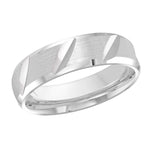 Load image into Gallery viewer, This 6mm white gold wedding ring with a satin finish has multiple high polish diagonal cuts along the center and slanted high polish edges.