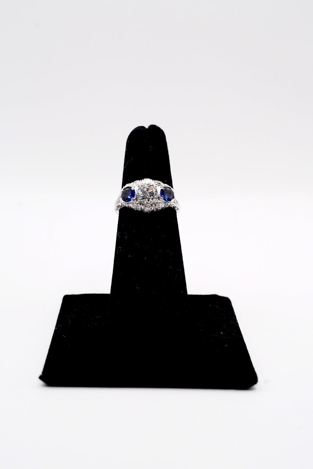 Round Brilliant Cut Sapphire & Diamond Antique Engagement Ring