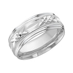 Load image into Gallery viewer, This 8mm white gold wedding ring features an exquisite diamond cut carving along its satin center. The center of the ring is embellished with milgrain and the ring is finished off with a double grooved high polish edges.
