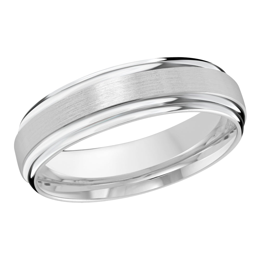This classic 6mm white gold wedding ring features a satin center and high polish double grooved edges.