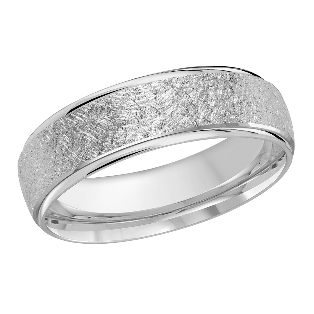 This 6mm white gold domed wedding ring features an elevated center with a scratch finish and high polish edges.