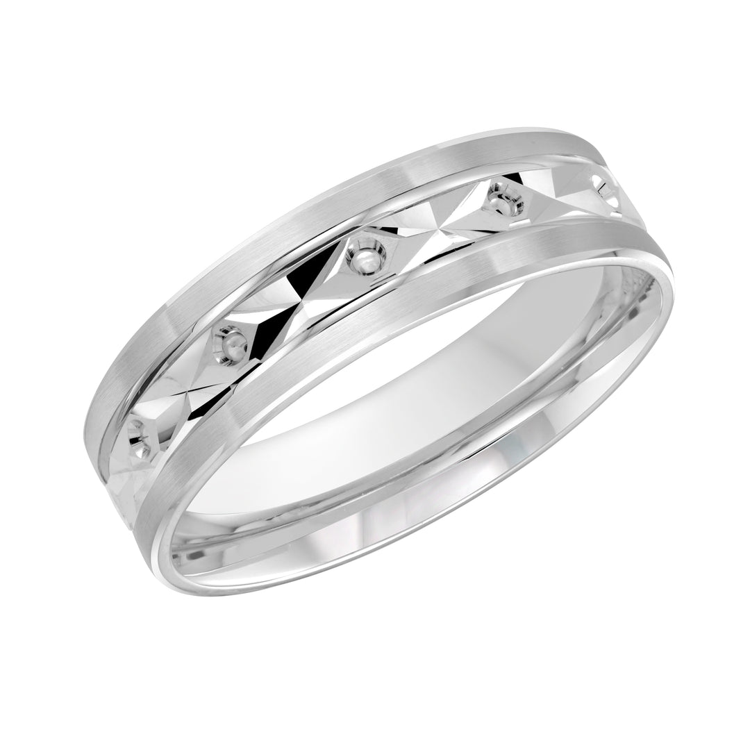 This 6mm white gold wedding ring features a detailed high polish diamond cut design along the center and is finished off with satin finish edges.