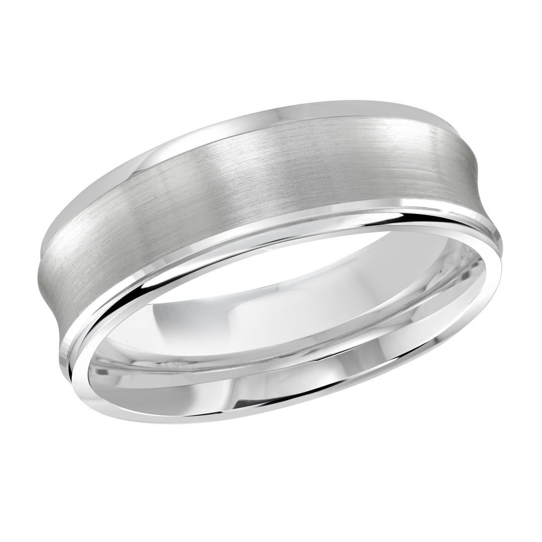 This stunning 7mm white gold wedding ring feature a satin concave center and high polish edges.