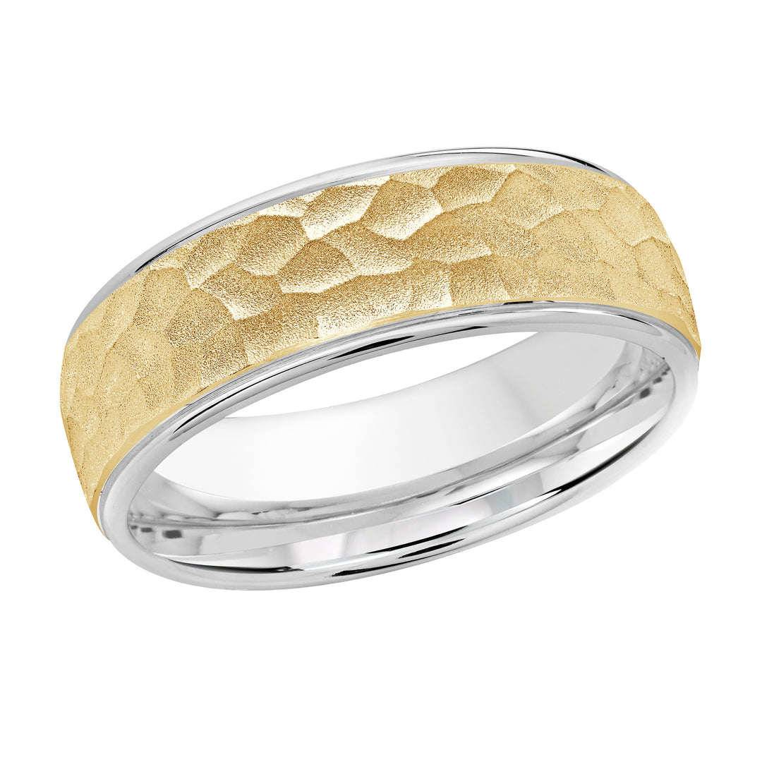 This two-tone 7mm wedding ring features a yellow gold domed center with a hammered finish and white gold high polish edges.
