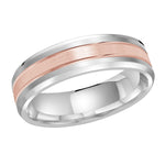Load image into Gallery viewer, This elegant 6mm wedding ring features a rose gold satin center surrounded with two parallel grooves and white gold slanted edges
