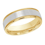 Load image into Gallery viewer, This two-tone 6mm wedding ring features a white gold satin center embellished with yellow gold milgrain and high polish edges.
