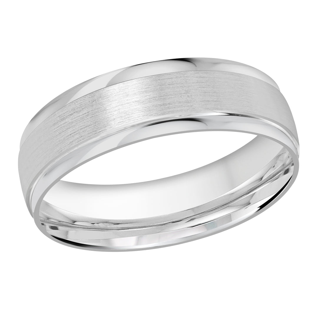 This classic 6mm white gold wedding ring features a slightly elevated domed satin center with high polish edges.