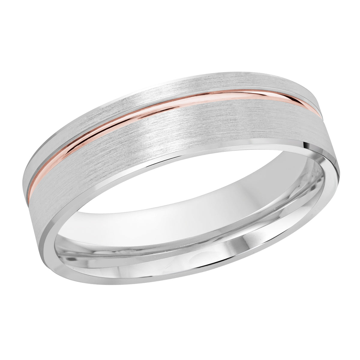 This stunning 6mm white gold wedding ring with a satin finish features a rose gold high polish groove situated on the top half of the ring and is finished off with thin high polish edges
