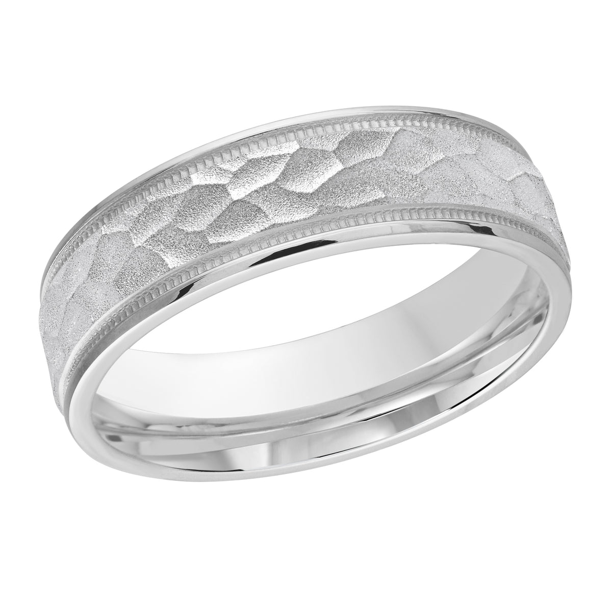 This 6mm white gold wedding ring features a hammered center embellished with milgrain and high polish edges