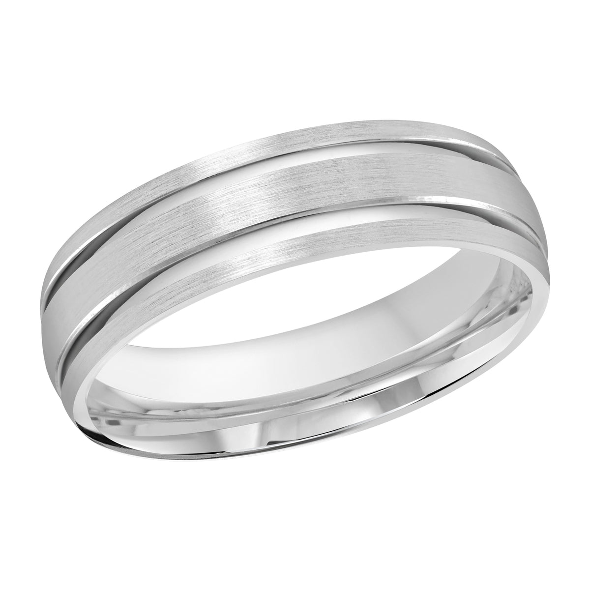 This 6mm white gold domed wedding ring features two thick high polish parallel grooves along its satin surface