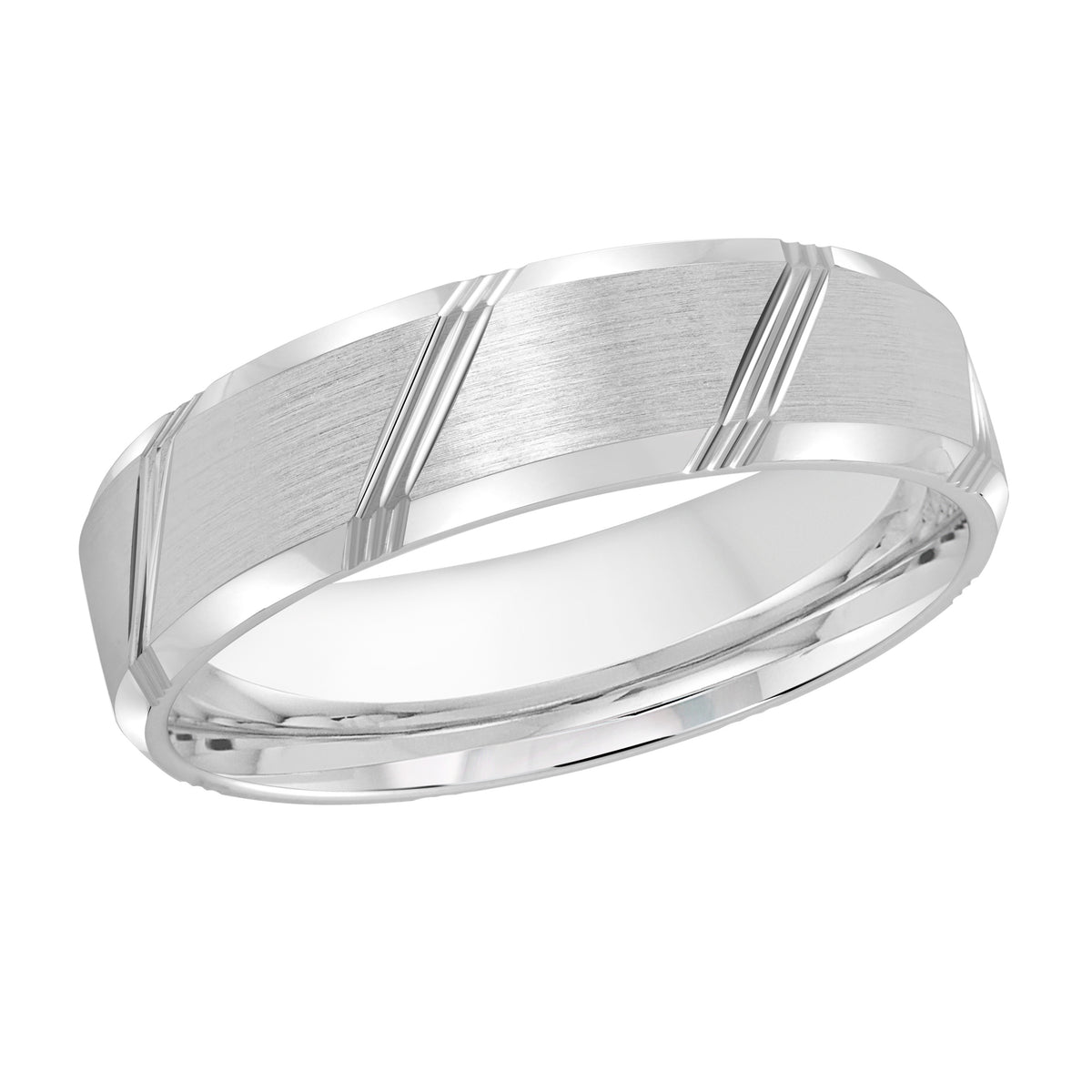 This elegant 6mm white gold wedding ring features a satin center surrounded by high polish grooves and edges