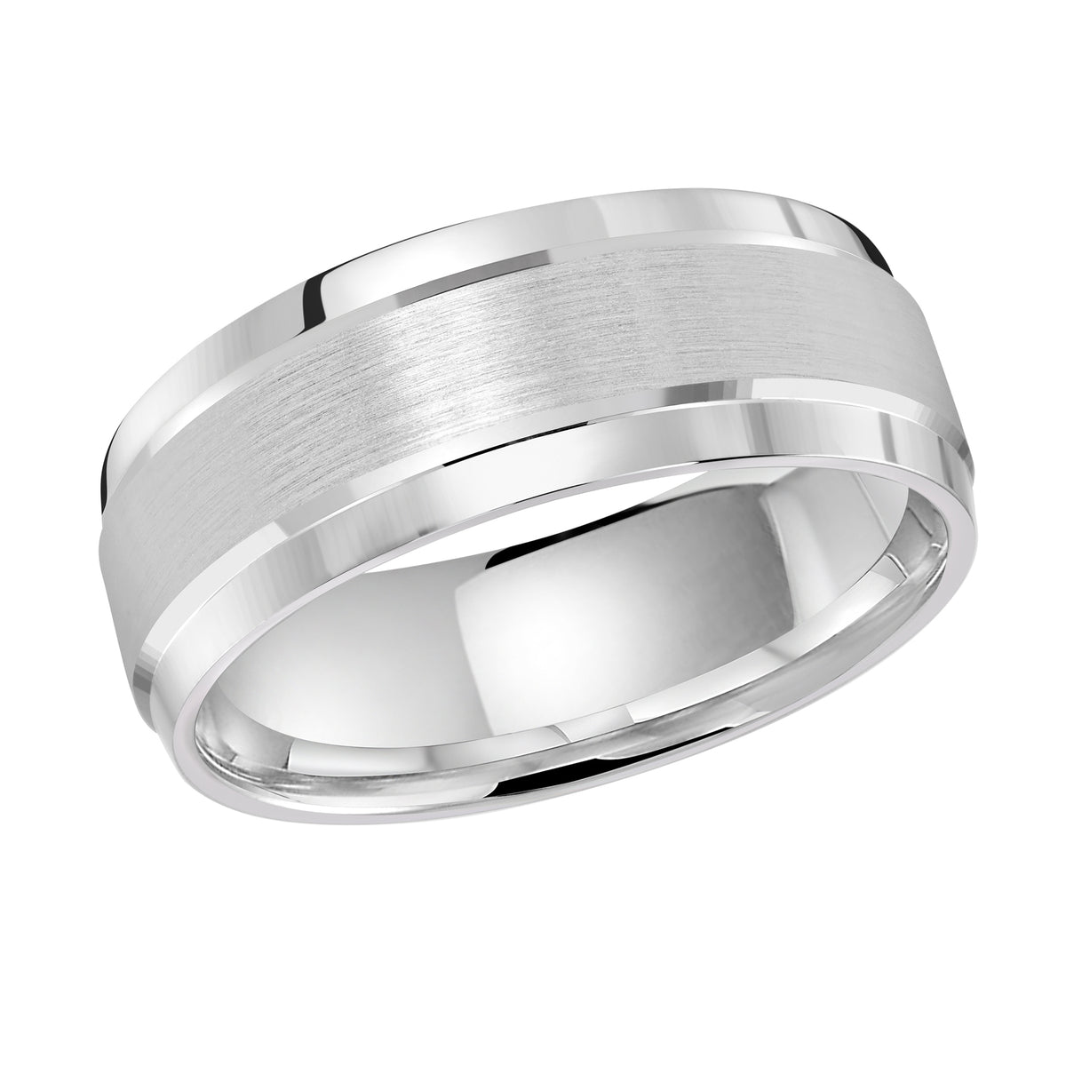 This elegant 8mm white gold wedding ring has a elevated satin finish center with slanted high polish edges