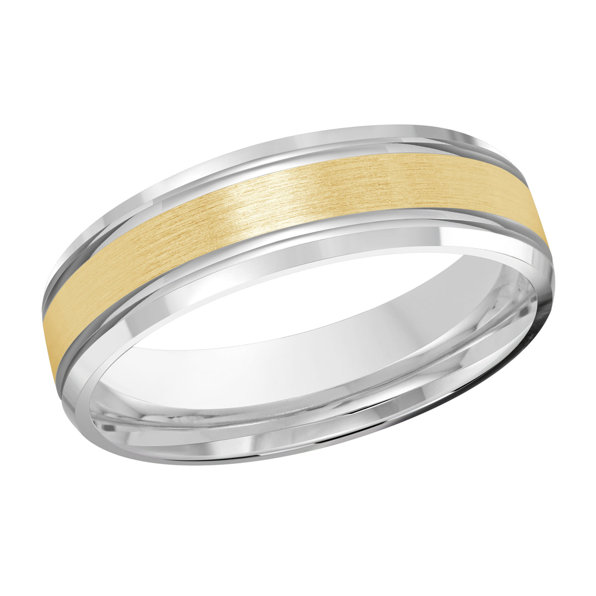This 6mm wedding ring features a yellow gold center with a satin finish embellished with white gold high polish double grooves and slanted edges