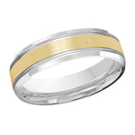 Load image into Gallery viewer, This 6mm wedding ring features a yellow gold center with a satin finish embellished with white gold high polish double grooves and slanted edges.
