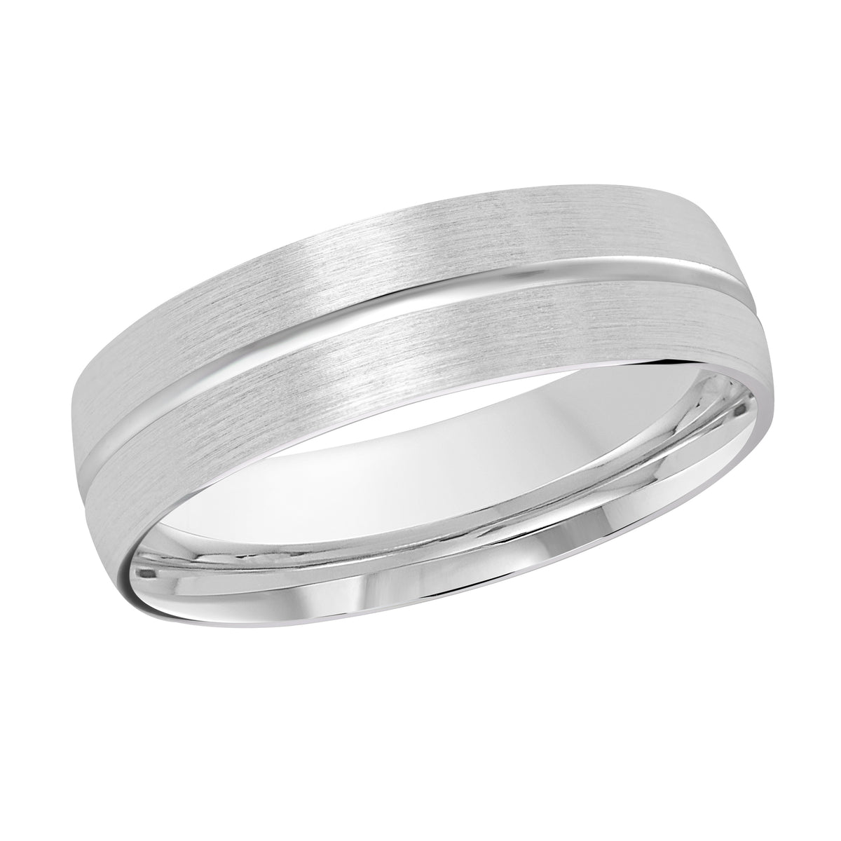 This classic 6mm white gold wedding ring with satin finish features a stunning high polish groove along the center