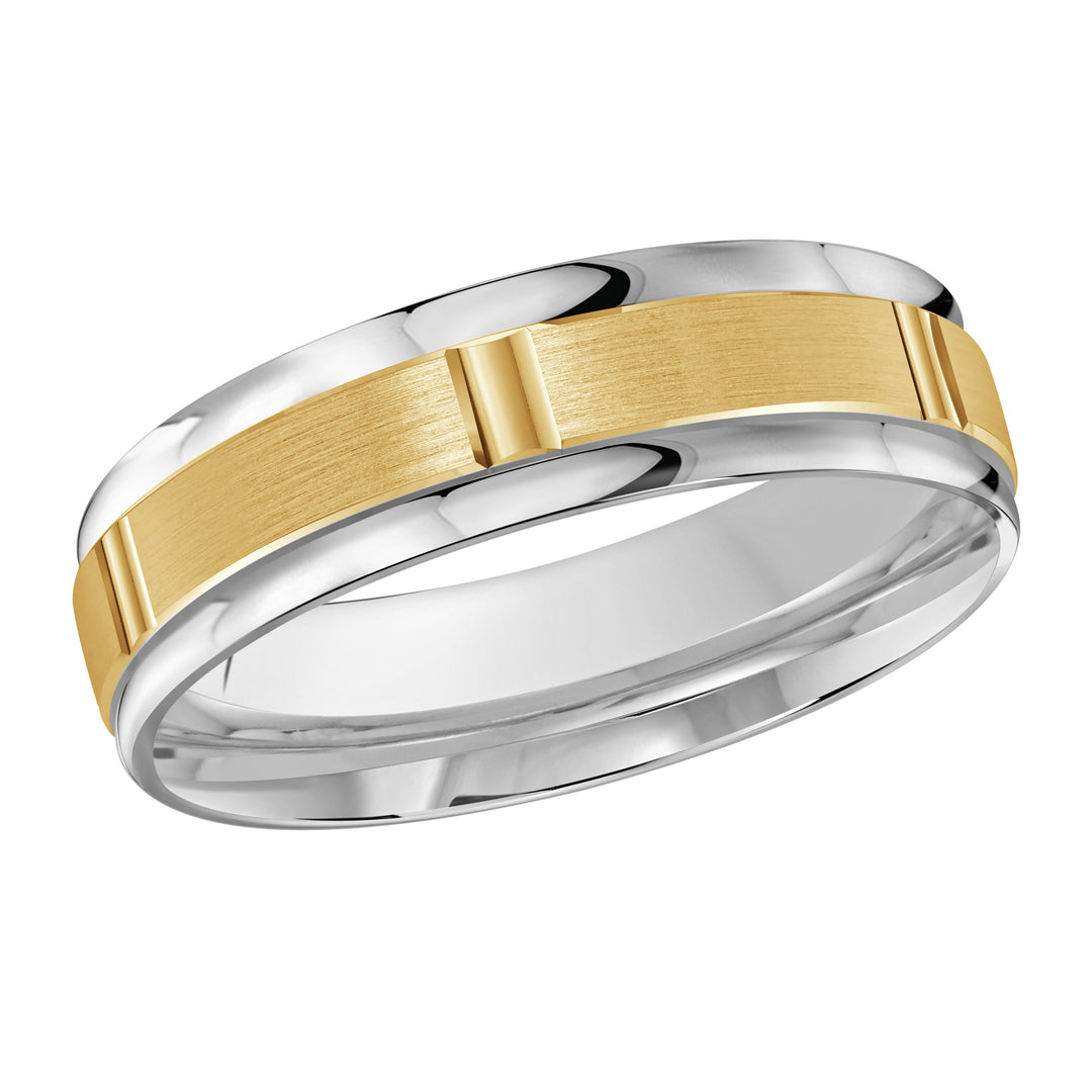 This 6mm wedding ring features a yellow gold satin finish center with multiple thick vertical high polish grooves all along the center and is finished off with white gold flat high polish edges.