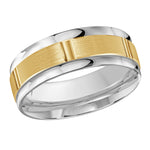 Load image into Gallery viewer, This 6mm wedding ring features a yellow gold satin finish center with multiple thick vertical high polish grooves all along the center and is finished off with white gold flat high polish edges.
