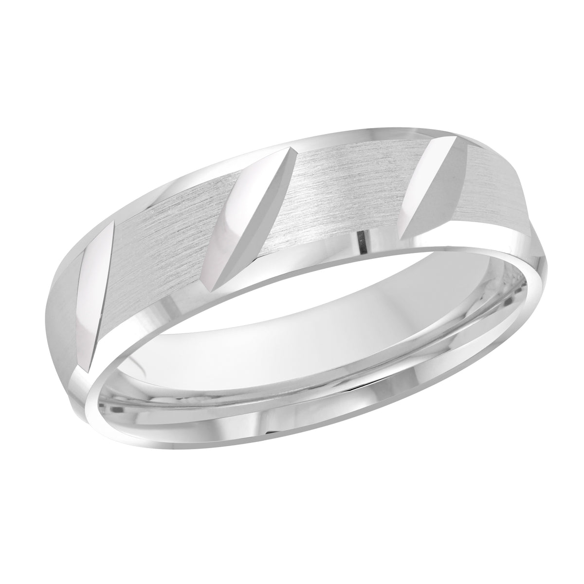 This 6mm white gold wedding ring with a satin finish has multiple high polish diagonal cuts along the center and slanted high polish edges