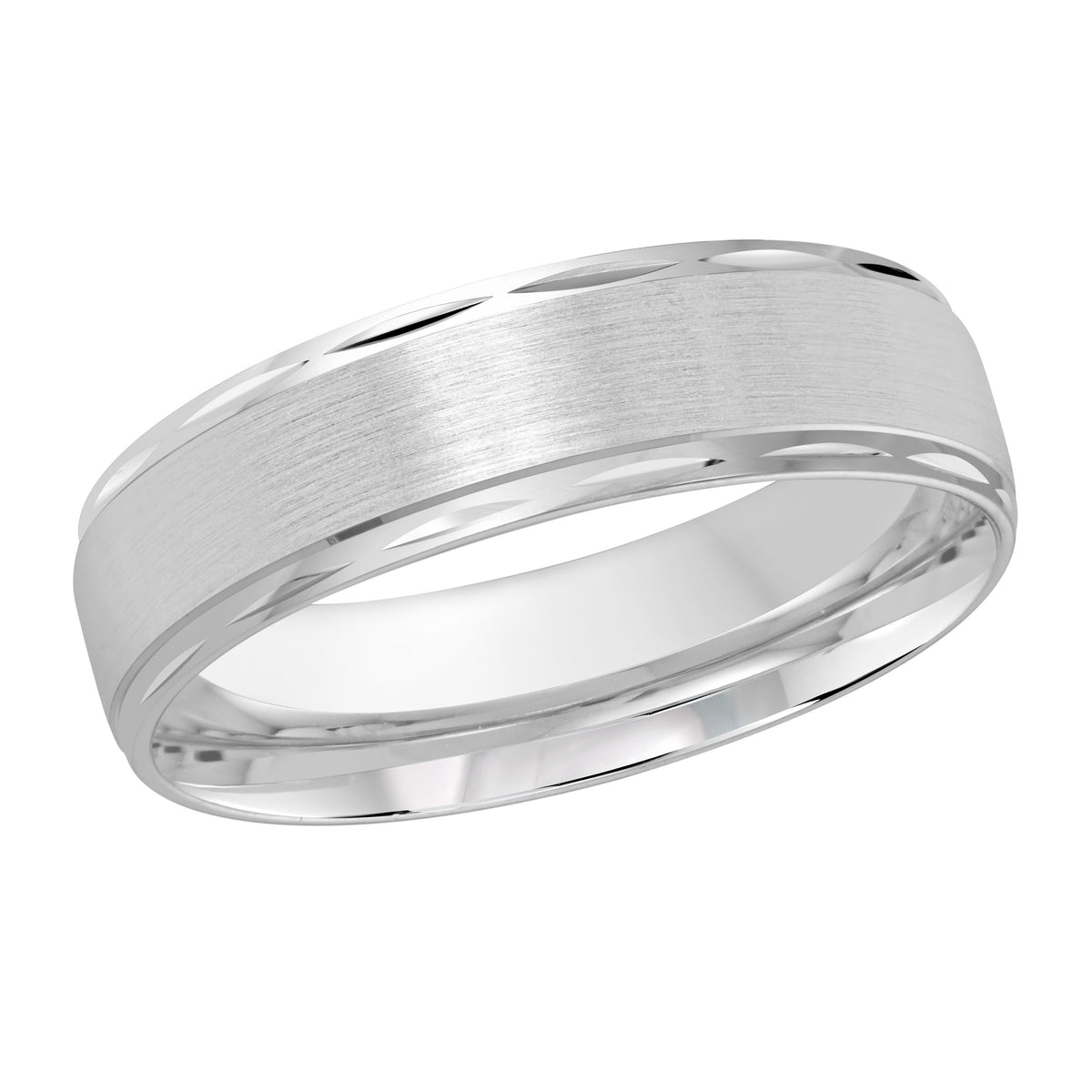 This 6mm white gold wedding ring features a satin center and multiple cuts along its high polish edges