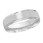 Load image into Gallery viewer, This 6mm white gold wedding ring features a satin center and multiple cuts along its high polish edges.
