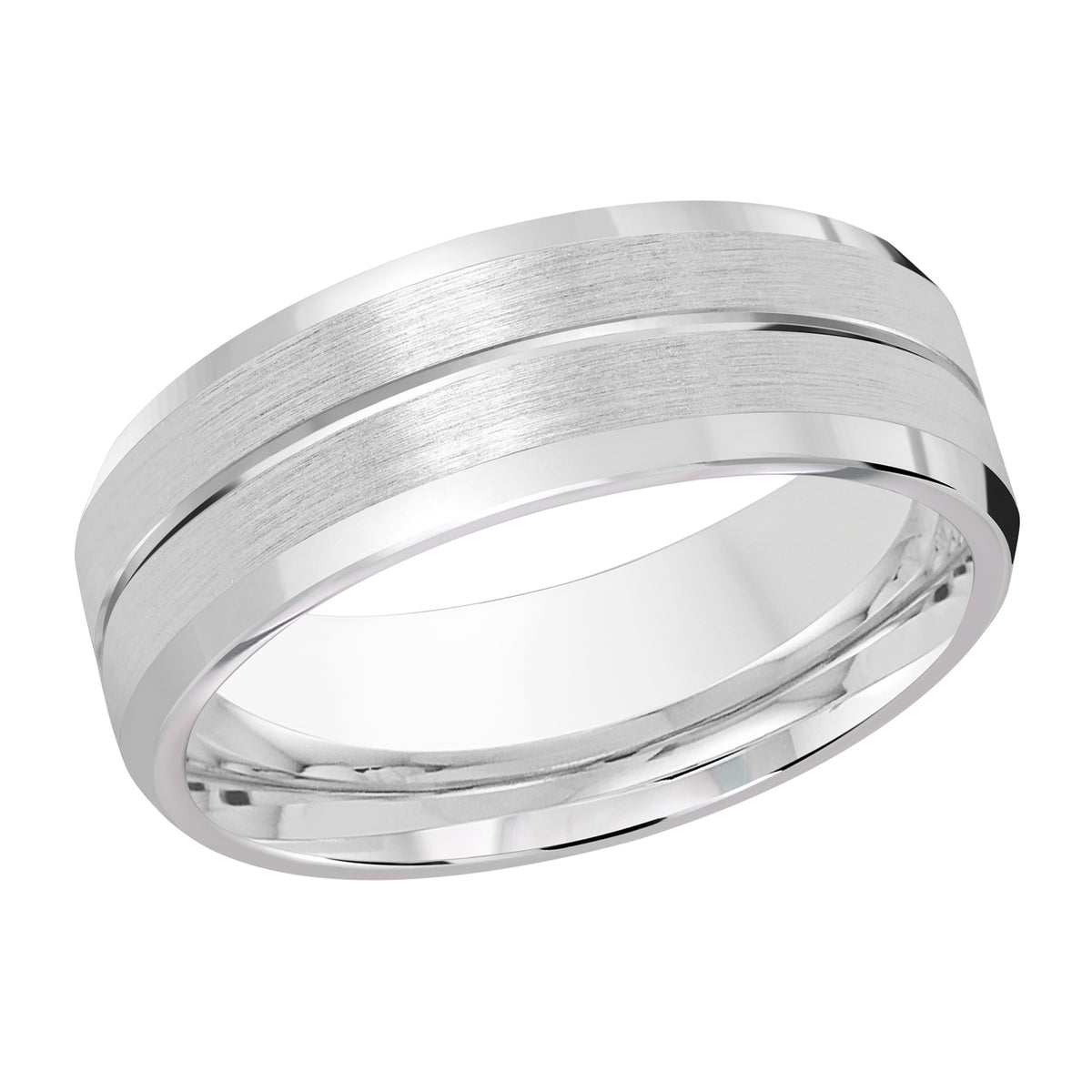 This elegant 6mm white gold wedding ring features a high polish groove along its satin center and is finished off with slanted high polish edges