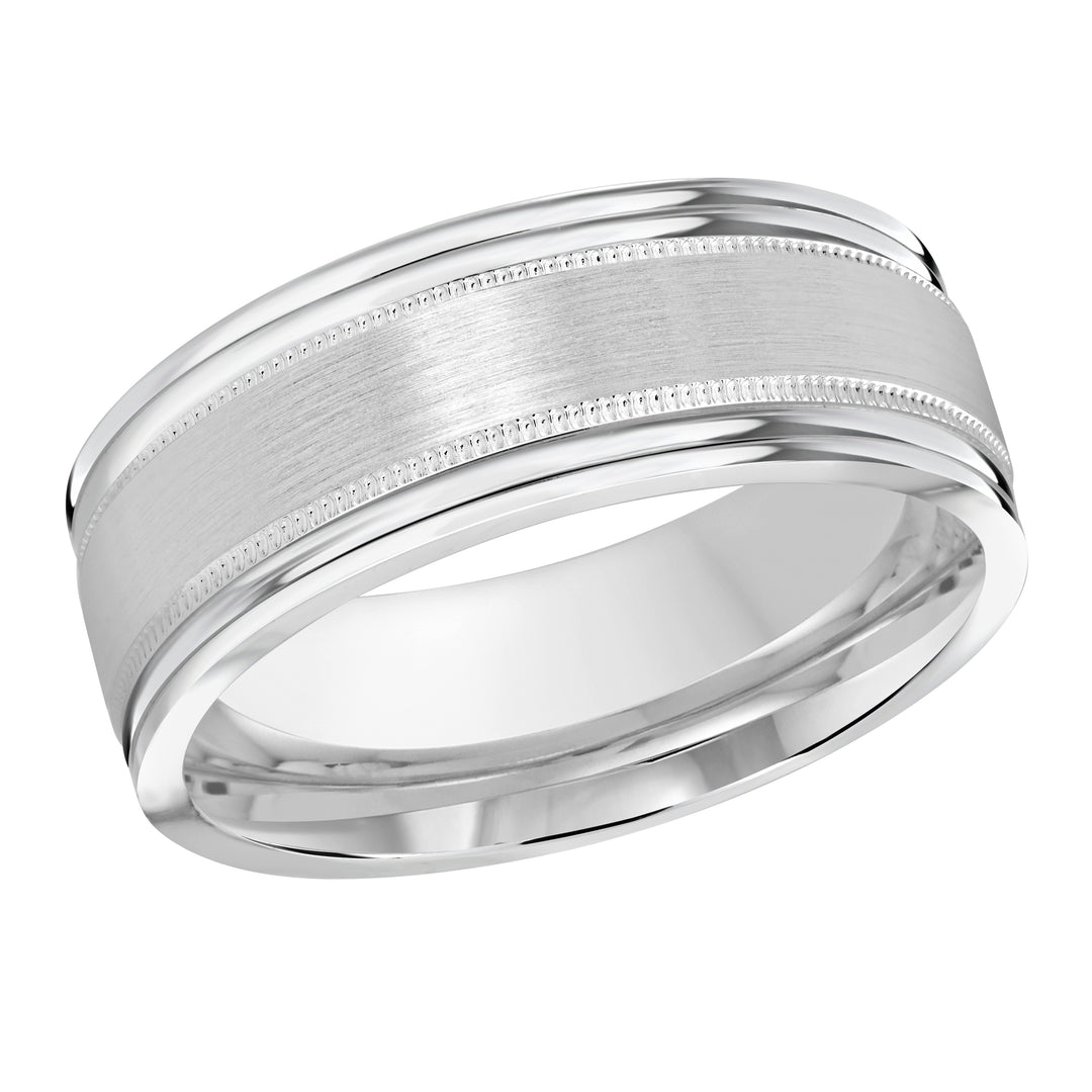 This 8mm white gold wedding ring features a satin center surrounded by milgrain and double-grooved high polish edges.