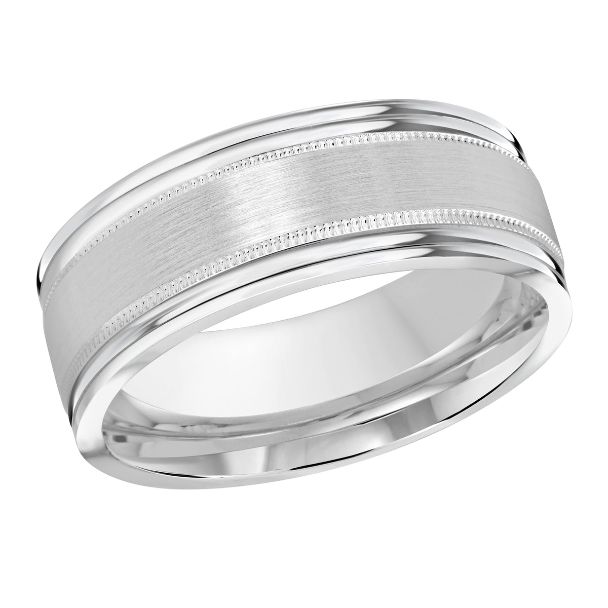 This 8mm white gold wedding ring features a satin center surrounded by milgrain and double grooved high polish edges