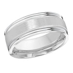 Load image into Gallery viewer, This 8mm white gold wedding ring features a satin center surrounded by milgrain and double-grooved high polish edges.

