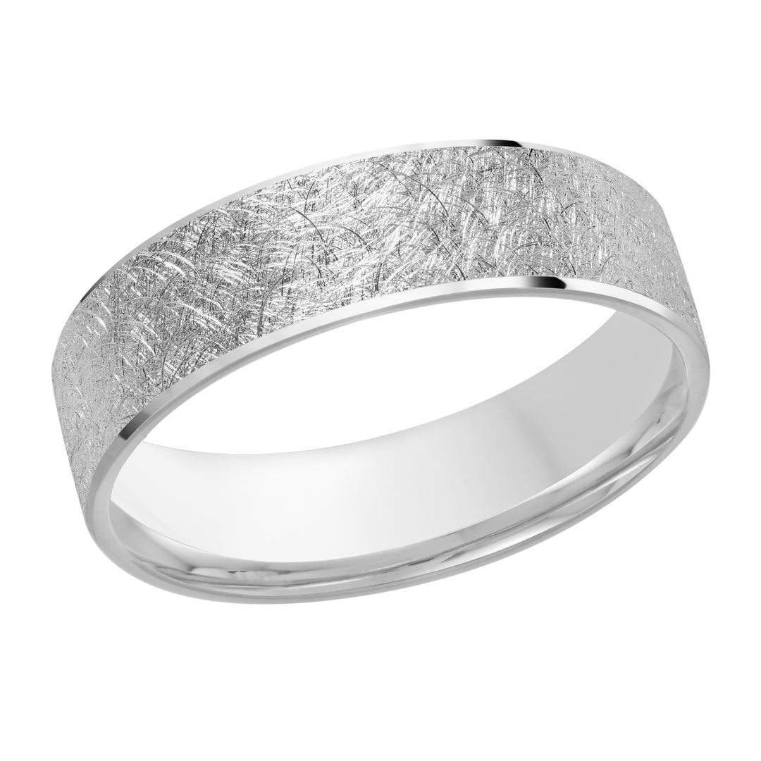 This elegant 6mm white gold wedding ring features a scratch finish center with thin high polish edges.