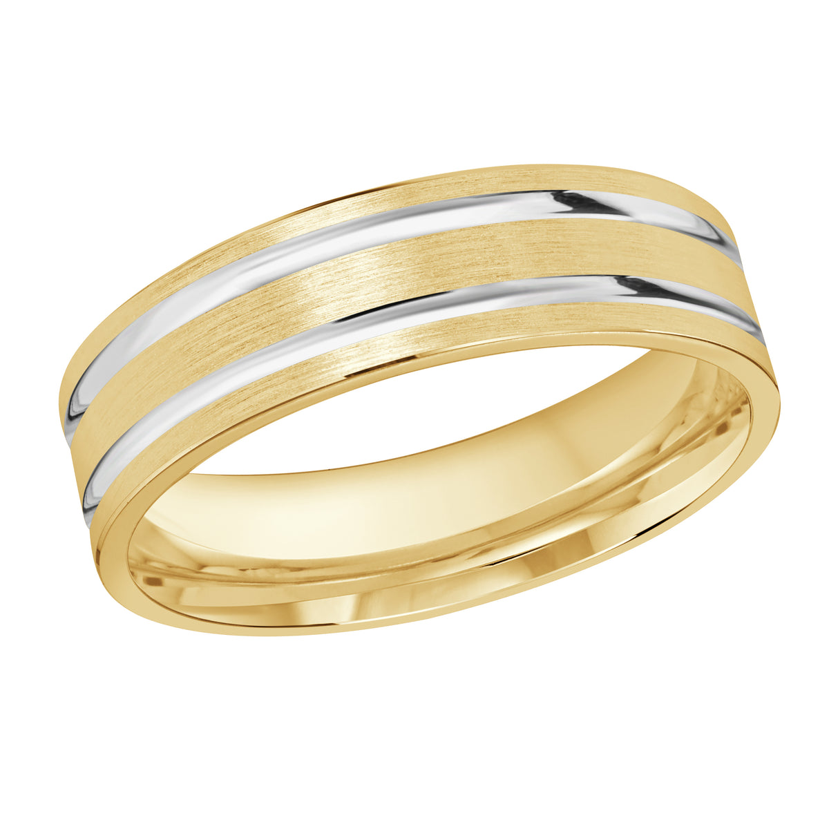 This 6mm yellow gold wedding ring has two stunning white gold high polish grooves along its satin surface
