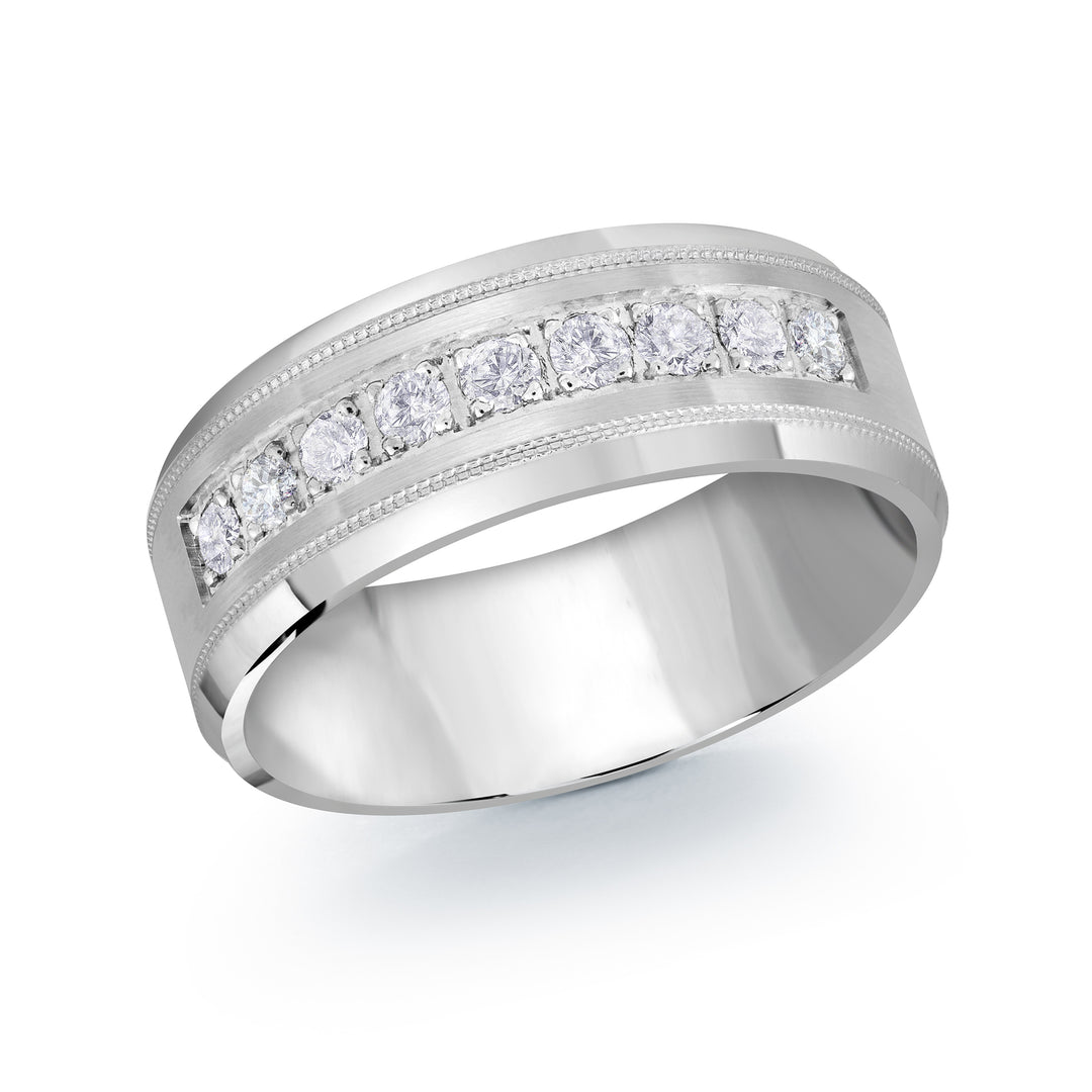 8mm white gold wedding band embelished with 9x.05ct round diamonds