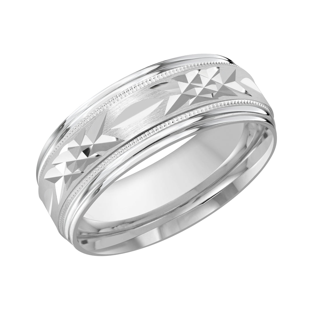 This 8mm white gold wedding ring features an exquisite diamond cut carving along its satin center. The center of the ring is embellished with milgrain and the ring is finished off with a double grooved high polish edges.