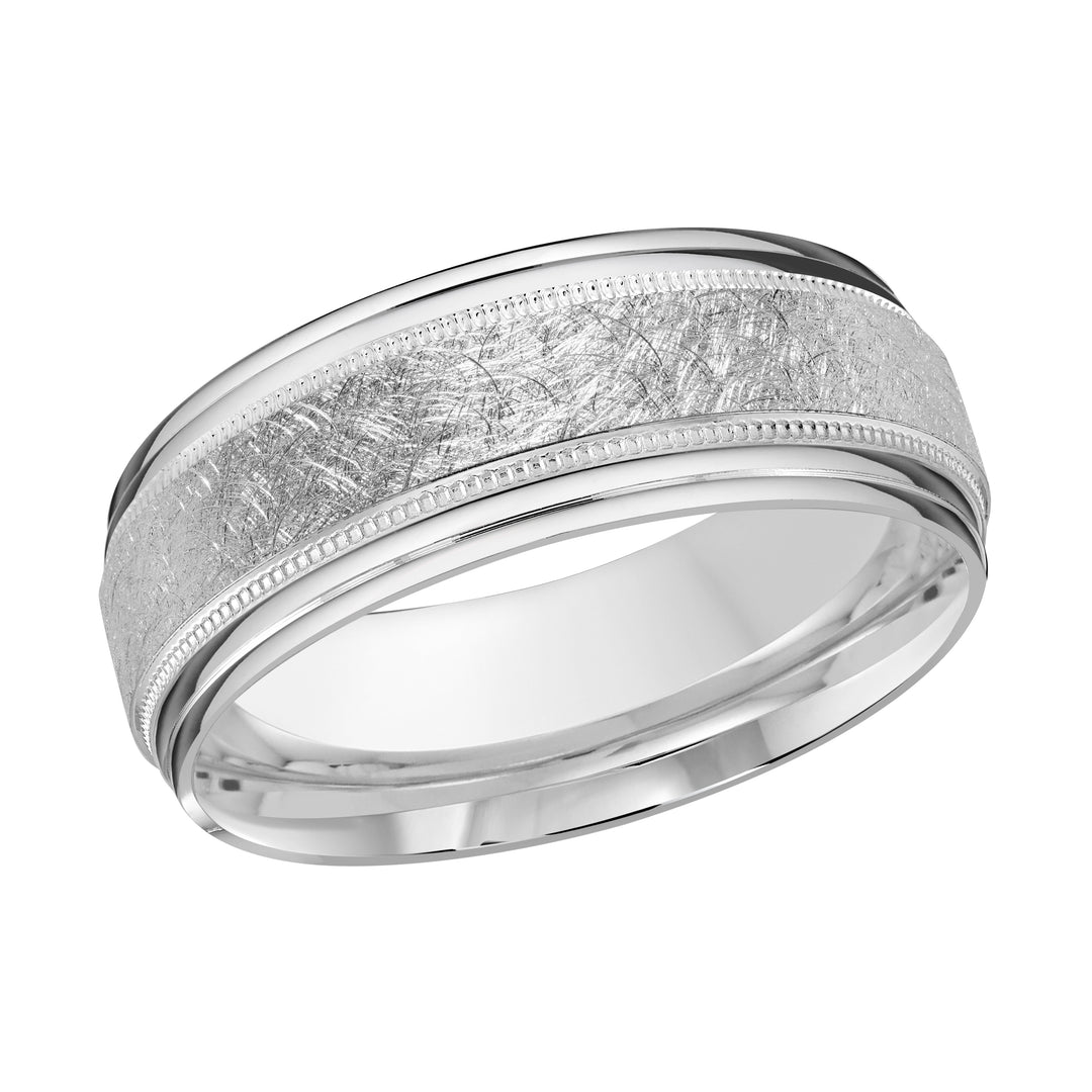 This gorgeous 8mm white gold wedding ring with a slightly elevated scratch center is surrounded by milgrain and double grooved high polish edges.