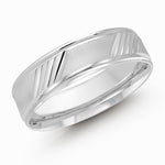 Load image into Gallery viewer, This stylish 4mm rose gold wedding ring features multiple high polish diagonal grooves along its satin center and is finished off with high polish edges.
