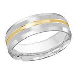Load image into Gallery viewer, This elegant 7mm white gold wedding ring features a striking yellow gold high polish groove along its satin center and is finished off with slanted high polish edges.
