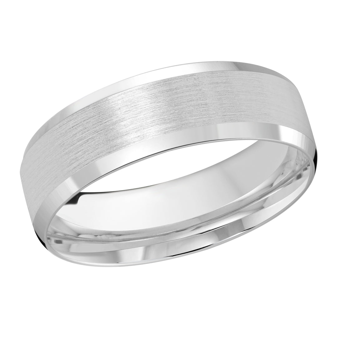 This 4mm white gold wedding ring has a stunning satin center with slanted high polish edges.