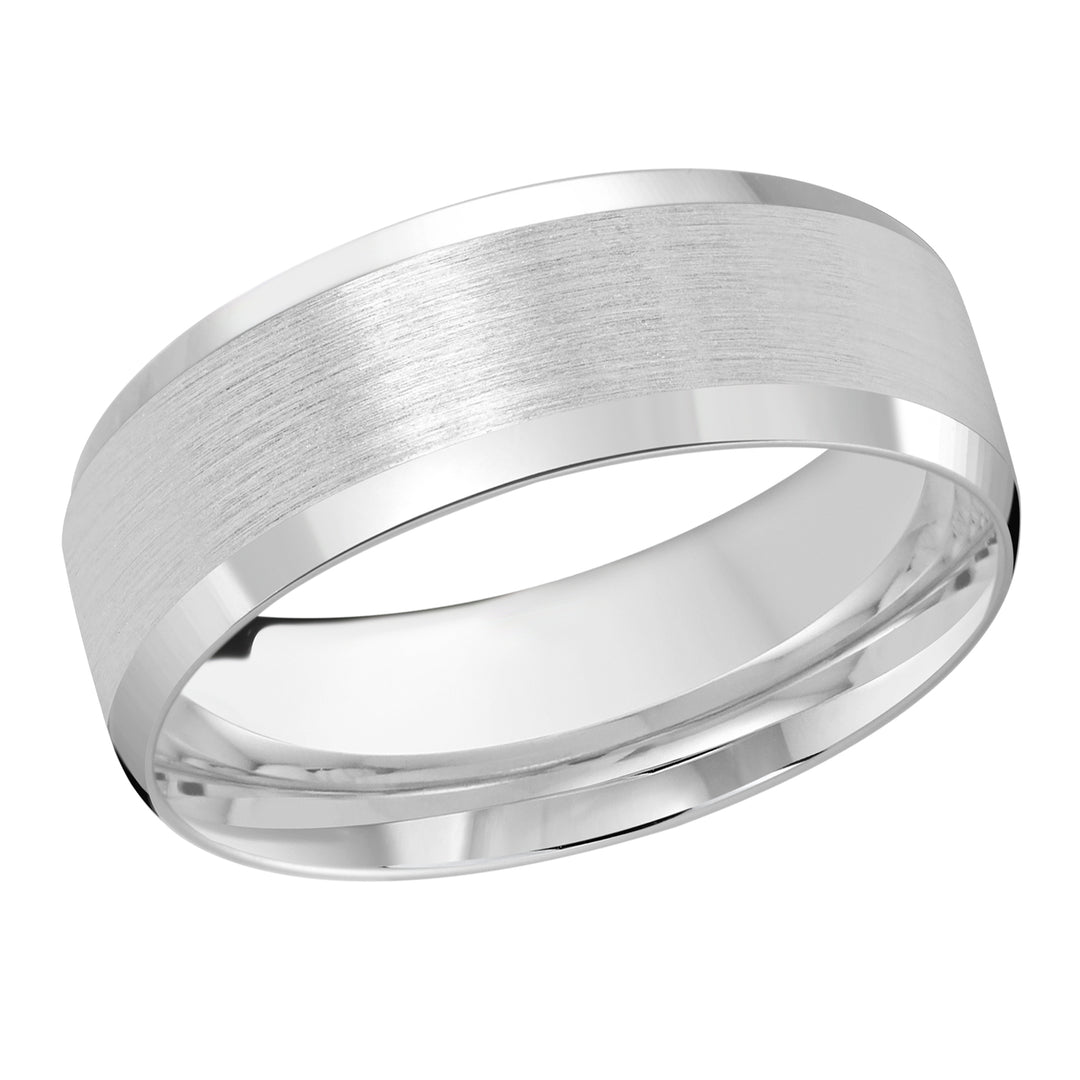 This 4mm white gold wedding ring has a stunning satin center with slanted high polish edges.