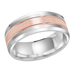 Load image into Gallery viewer, This elegant 6mm wedding ring features a rose gold satin center surrounded with two parallel grooves and white gold slanted edges
