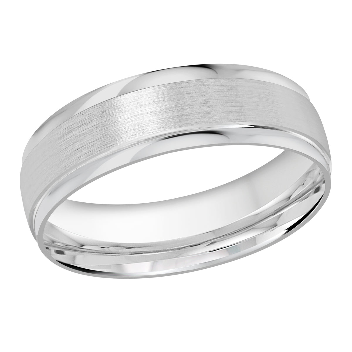 This classic 6mm white gold wedding ring features a slightly elevated domed satin center with high polish edges