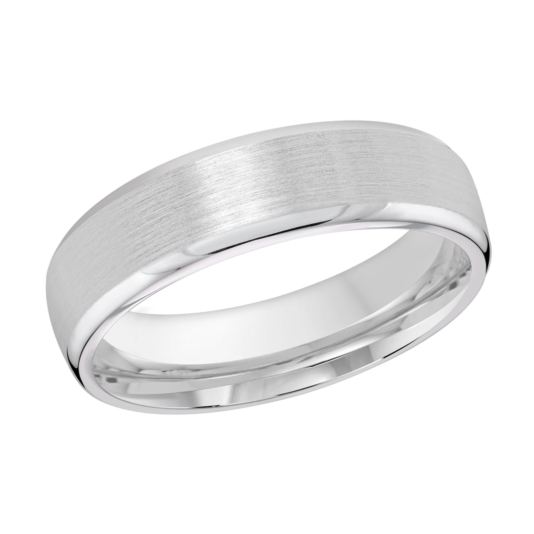 This classic 6mm white gold wedding ring has a satin finish with high polish slanted edges.