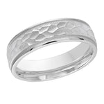 Load image into Gallery viewer, This 6mm white gold wedding ring features a hammered center embellished with milgrain and high polish edges.
