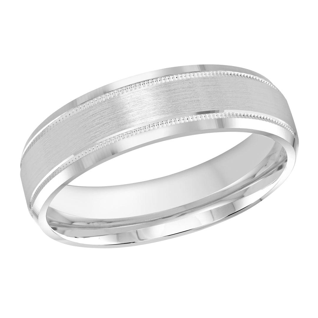 This best seller 6mm white gold wedding ring features a satin finish center embellished with milgrain and high polish slanted edges.