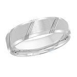 Load image into Gallery viewer, This best seller 6mm white gold wedding ring feature an elevated satin center with high polish edges and the ring is finished off with high polish flat edges.
