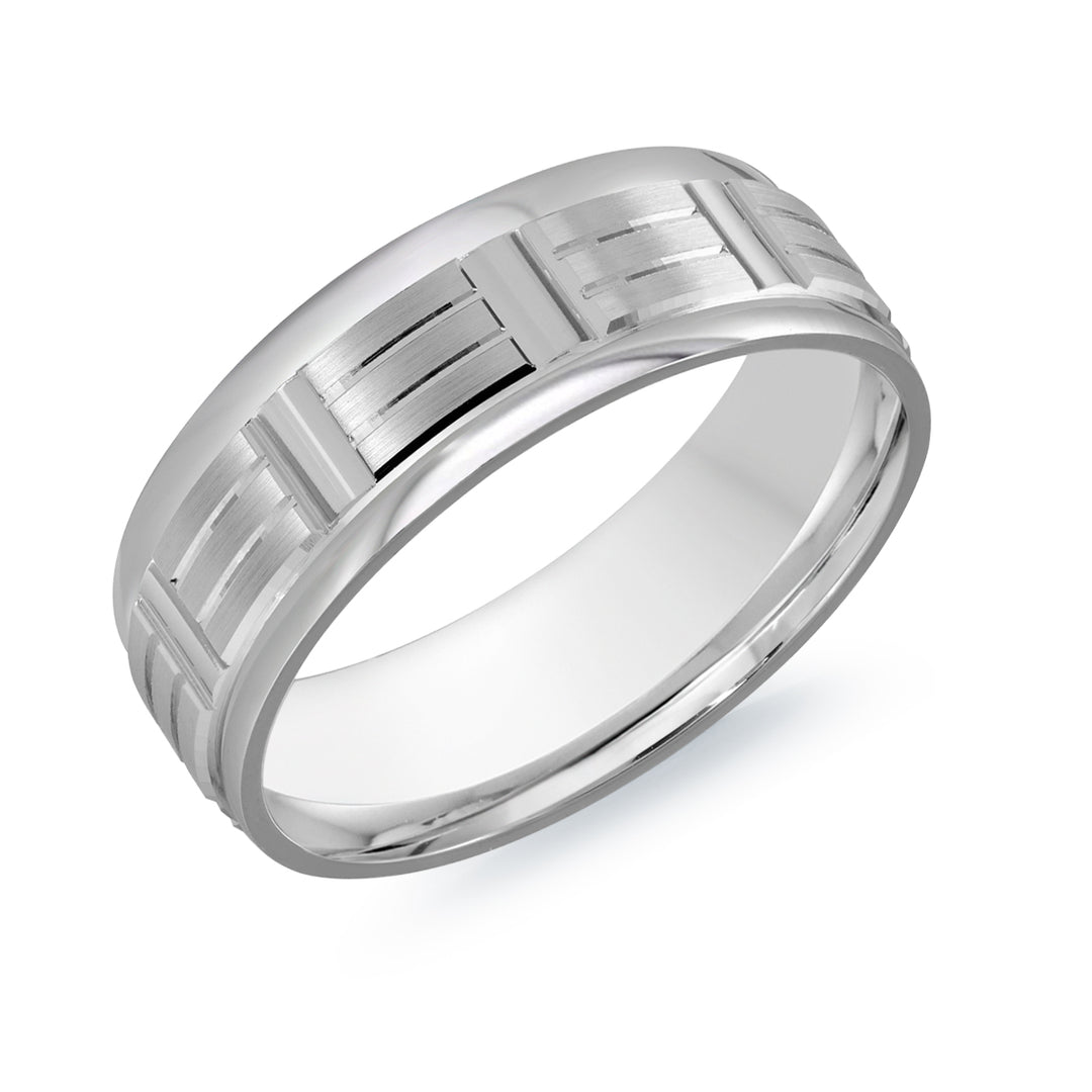 This elegant 7mm white gold wedding ring has a high polish center featuring multiple satin finish rectangular motifs with two high polish grooves along the surface. The ring is finished off with high polish edges.