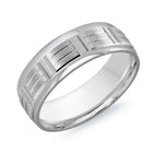 Load image into Gallery viewer, This elegant 7mm white gold wedding ring has a high polish center featuring multiple satin finish rectangular motifs with two high polish grooves along the surface. The ring is finished off with high polish edges.
